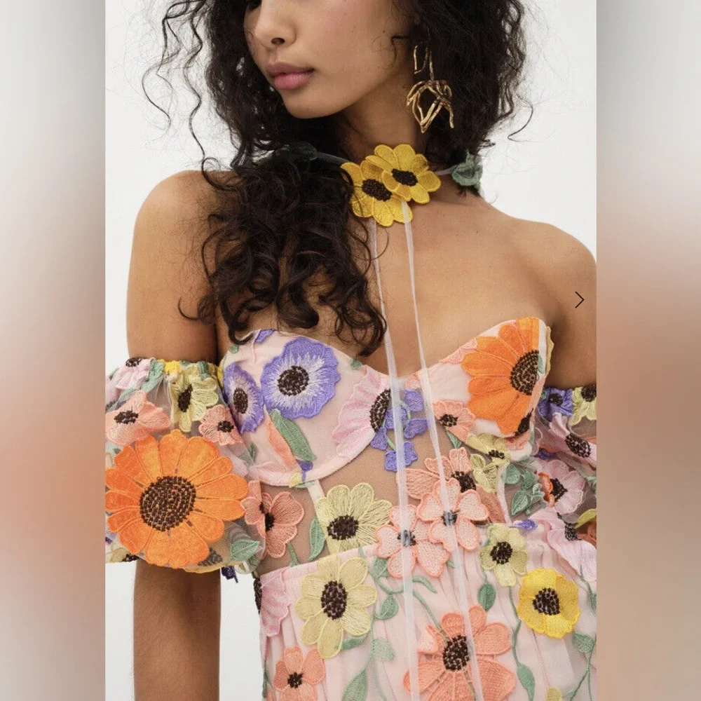 NWT For Love & Lemons Prato Flower Floral Appliqué Mini Dress - Picture 6 of 13